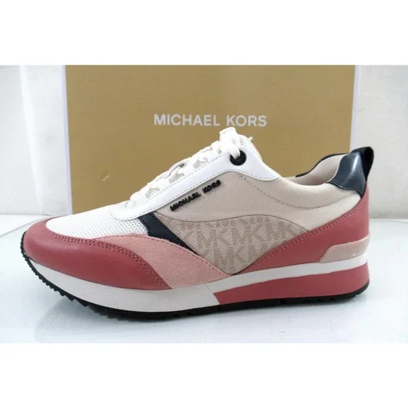 Michael Kors Allie Stride Trainer Lace Up Sneakers MK Logo Cream Multi
